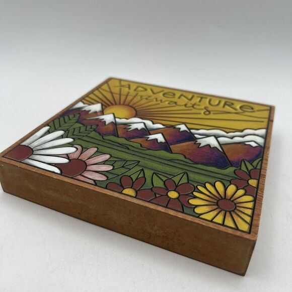 Adventure Awaits Wood Burned Sign Primitives by Kathy Mountain Wildflowers Sun - Picture 3 of 6